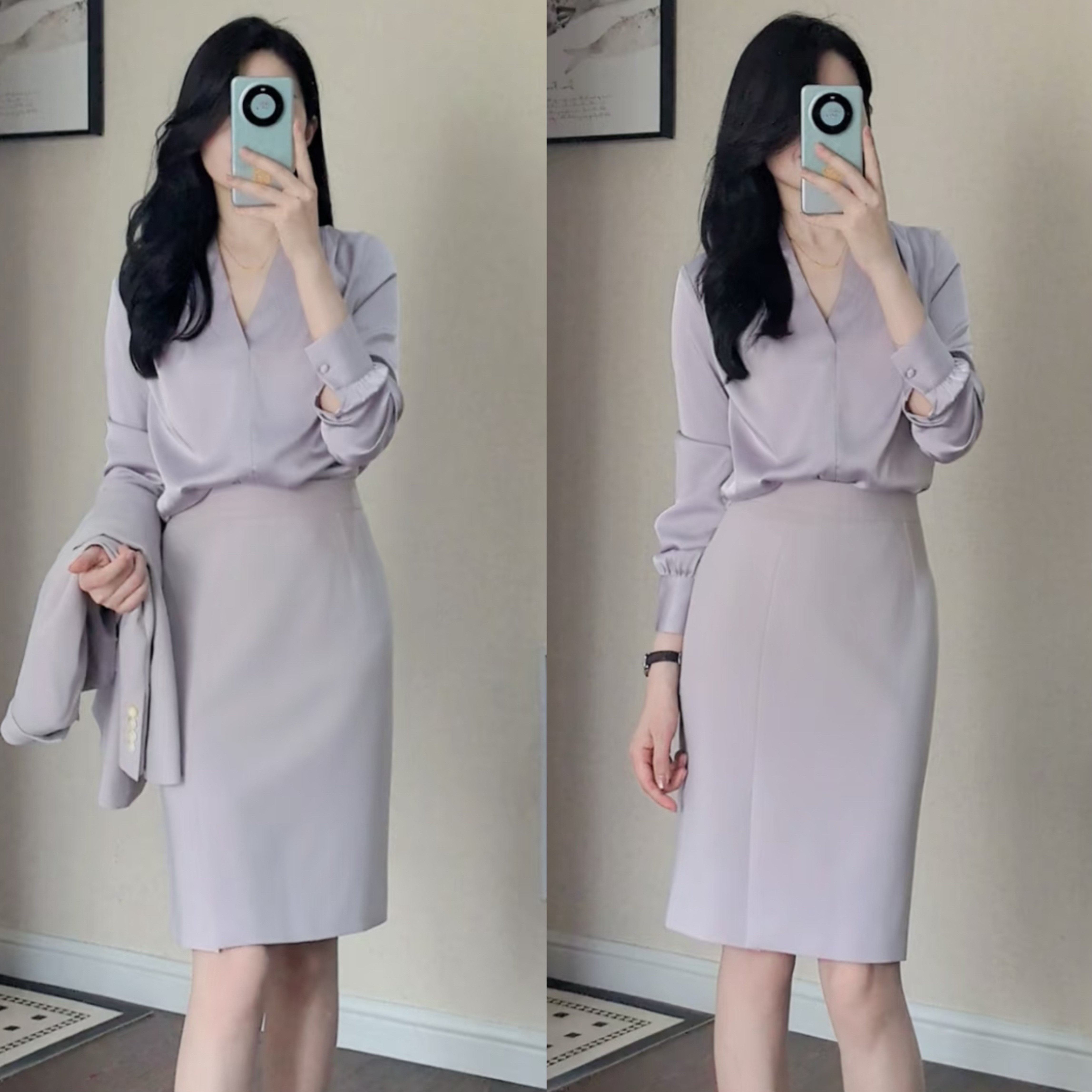 【美如画报】特调紫色长袖丝缎衬衫半身裙套装女高级感同色系穿搭
