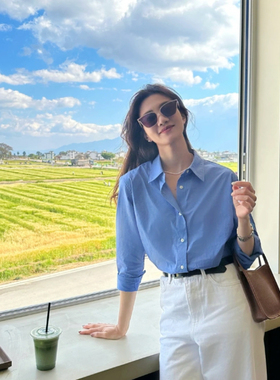 「一个晴朗有风的下午」天空蓝色简约高级长袖衬衫通勤气质衬衣春
