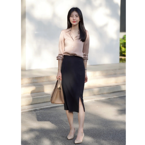 温柔得恰到好处| 香槟粉长袖丝缎衬衫黑色半身裙通勤职业女套装夏
