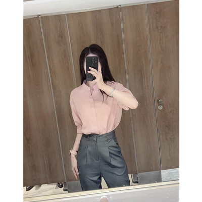 灰粉搭配yyds! 粉色短袖衬衫灰色七分西装裤通勤气质女套装体制内