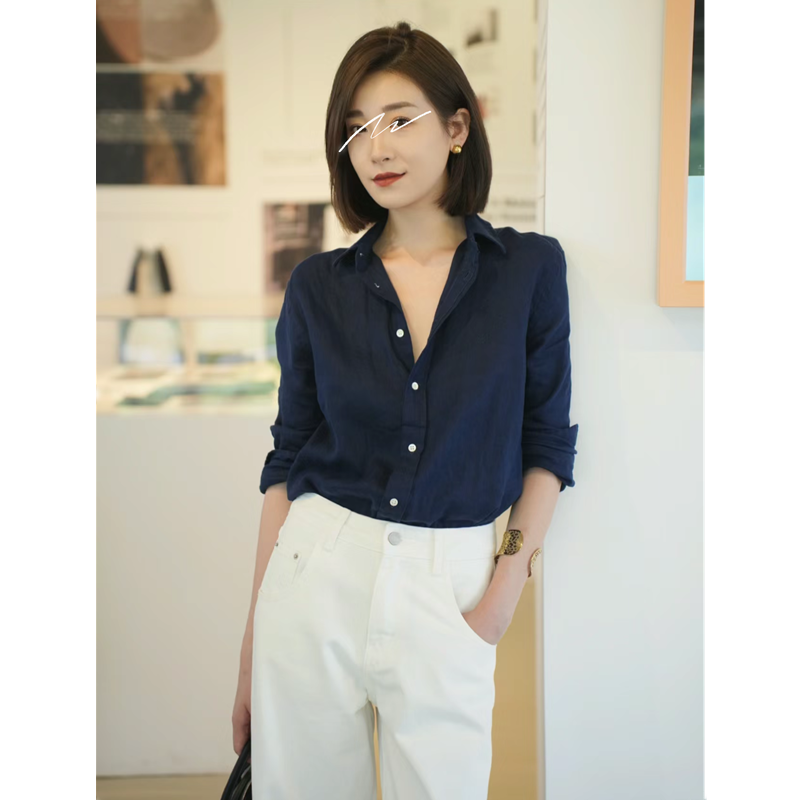 实用主义通勤| 显白藏蓝色长袖职业休闲衬衫女衬衣小众设计感春秋