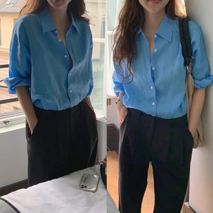 斯文又时髦「法国蓝」长袖简约宽松休闲风薄款衬衫女通勤气质穿搭