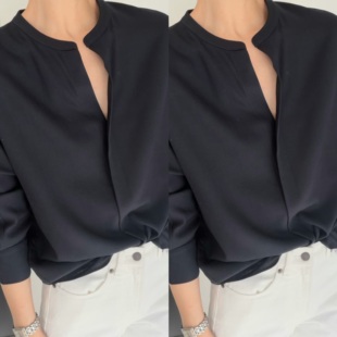 【外企通勤】笔墨黑色小圆领长袖免烫衬衫女职业衬衣小众设计高级