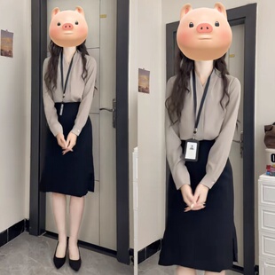 【独立优雅】杏子灰V领长袖衬衫通勤气质职业女套装体制内穿搭春