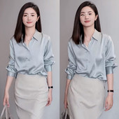 干练 通勤气质套装 冰岛蓝长袖 馥芮白半身裙时尚 女 丝缎衬衫 温柔