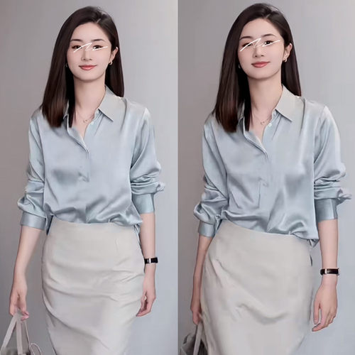 温柔的干练| 冰岛蓝长袖丝缎衬衫馥芮白半身裙时尚通勤气质套装女