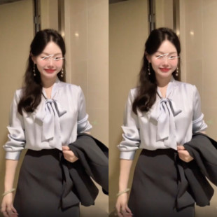 灰色半裙女套裝 通勤職場(chǎng)風(fēng) 絲緞襯衫 清冷優(yōu)雅「冰肌藍(lán)」系帶領(lǐng)長(zhǎng)袖