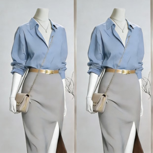 「小岛微风」雾霾蓝超柔软四面弹长袖 女简约通勤气质衬衣春夏 衬衫