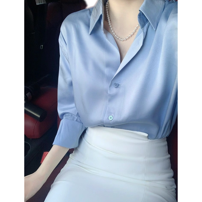「温婉矜贵」显白水波蓝色长袖丝缎衬衫女通勤职业气质衬衣体制内
