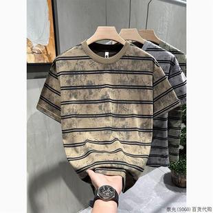 休闲百搭半袖 T恤男上衣帅圆领半袖 打底衫 衫 新款 夏季 条纹扎染短袖