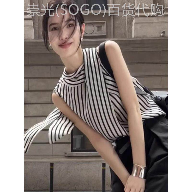 夏季法式系带挂脖条纹无袖衬衫女显瘦别致小衫设计感覆古气质上衣