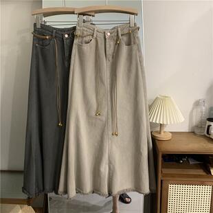 韩国复古高腰牛仔半身裙女2023秋冬新款宽松显瘦小个子A字长裙子