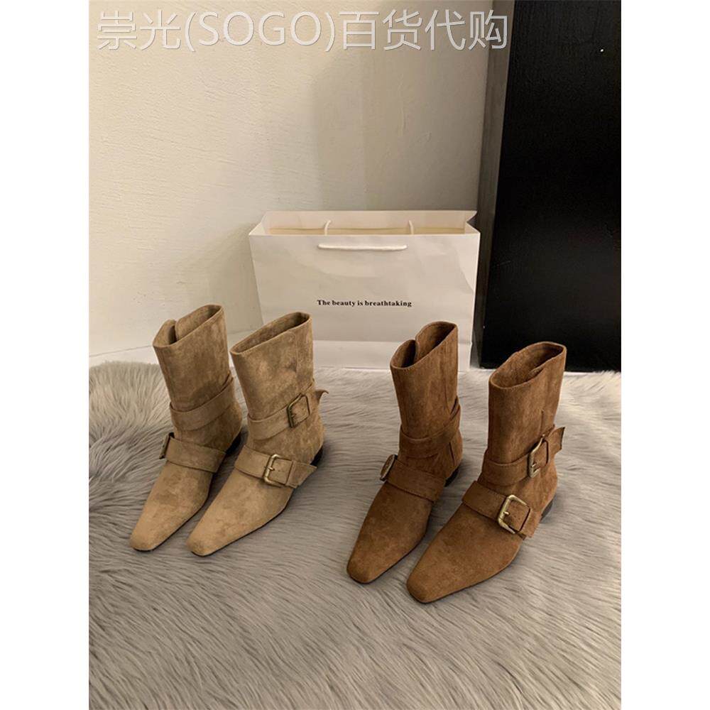 韩版小众设计覆古小方头短靴女靴子秋冬新款法式西部靴麂皮中筒靴