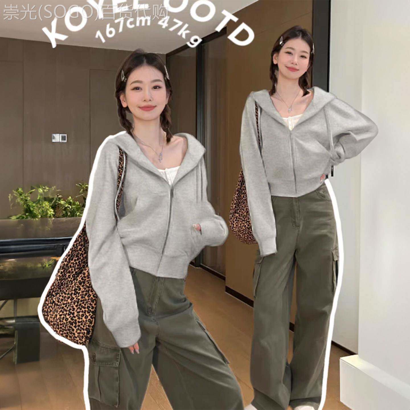 灰色卫衣女2025新款春秋季短款长袖上衣美式拉链开衫外搭连帽外套