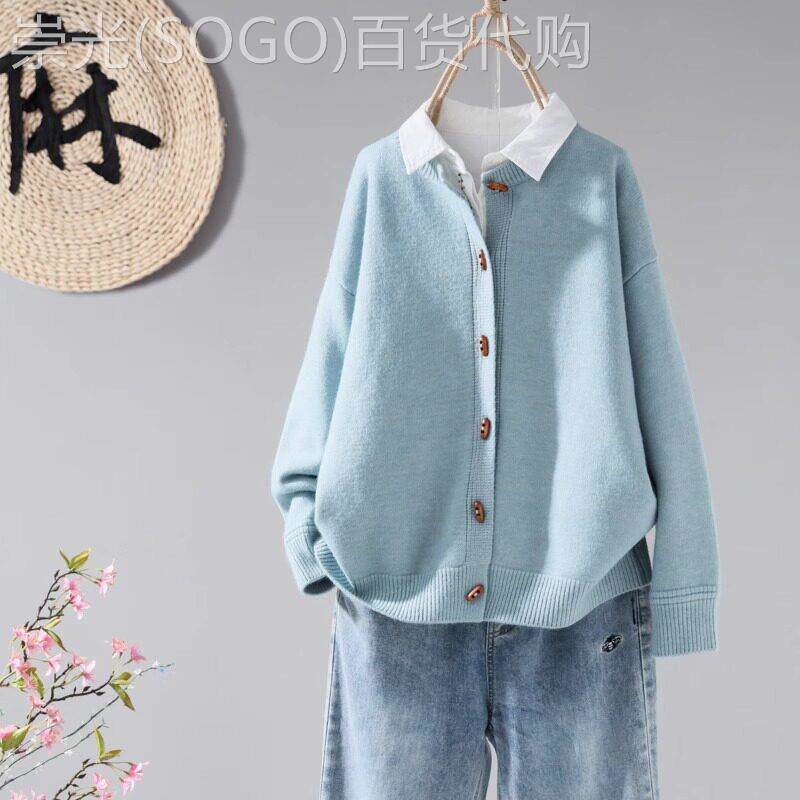 浅蓝色棉线 线针织开 衫女春秋2025新款宽松气质圆领单排扣毛衣短