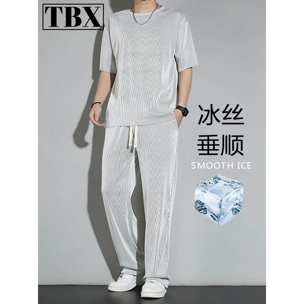 冰丝运动套装男士夏季薄款2025新款休闲裤子短袖t恤速干衣服一套
