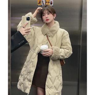 专柜2024冬新款菱格羊羔毛领羽绒棉服女中长款保暖收腰棉袄棉衣潮