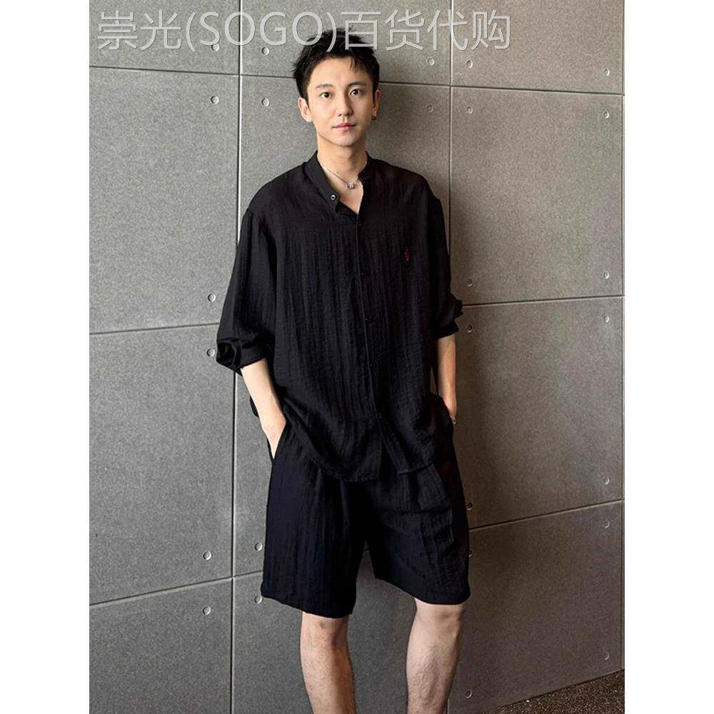 时尚品牌老钱风格棉麻夏季男士套装,宽松高端绣花短袖衬衫及短裤