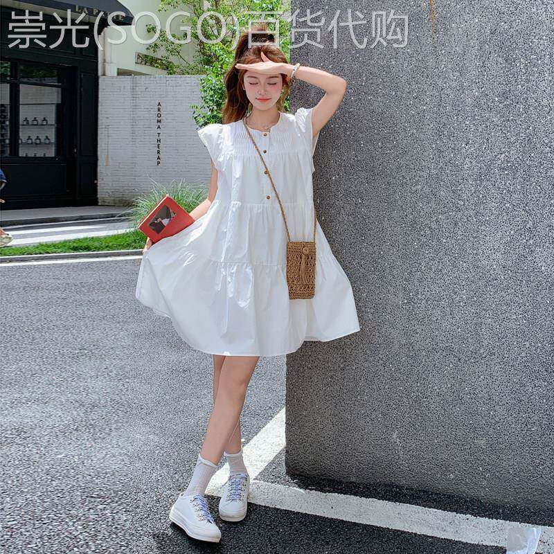 白色小飞袖连衣裙2026夏季新款法式少女感甜美减龄娃娃短裙小个子