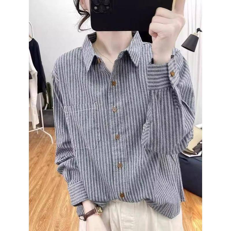 棉麻条纹长袖衬衫女春秋欧货polo领休闲衬衣宽松大码亚麻打底上衣
