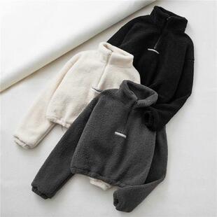 韩国秋冬外套复古立领加绒加厚上衣女羊羔毛新款洋气抽绳短款卫衣