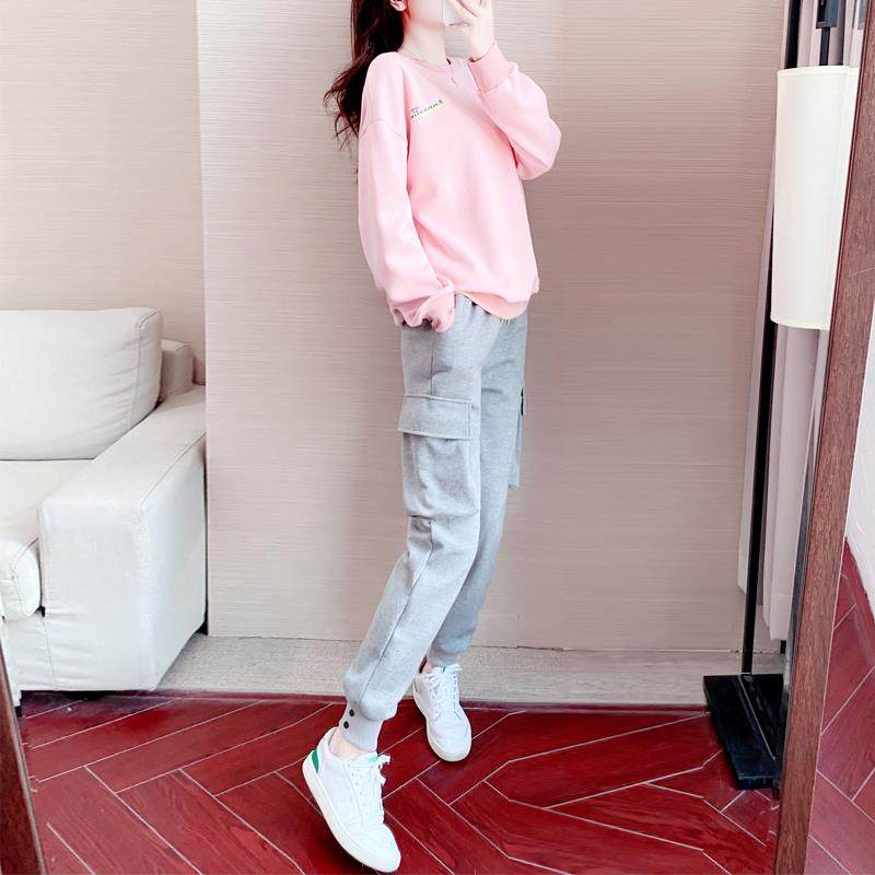 休闲运动套装女2024年新款秋冬季时尚高级感加绒卫衣工装裤两件套