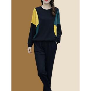大码宽松拼接撞色卫衣两件套女秋冬季装新款时尚洋气运动休闲套装