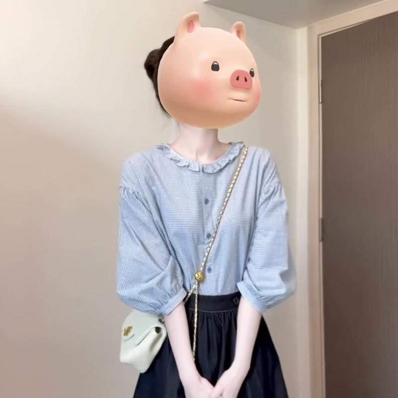 法式复古蓝色格子衬衫女2025夏季新款小个子高级感超好看漂亮上衣