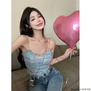 純欲藍(lán)色小吊帶背心女夏季 上衣潮 辣妹無袖 外穿甜辣妹chic內(nèi)搭短款