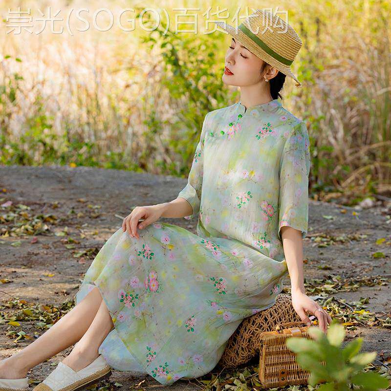 斜襟茶艺服装碎花改良旗袍苎麻连衣裙复古中国风女装仙气茶服女夏