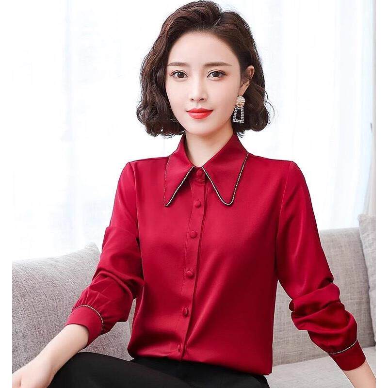 高级感红色真丝雪纺衬衫女长袖衬衫春秋新款时尚洋派打底上班服