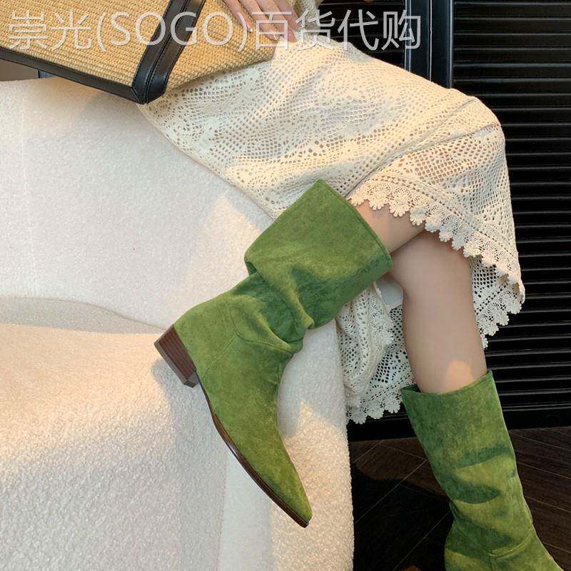 可爱糖果色!绿色西部牛仔靴复古中筒堆堆靴磨砂绒面中跟显瘦短靴