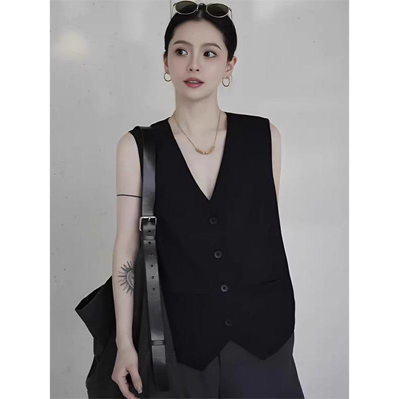 黑色V领无袖西装马甲女春秋欧货新款宽松小个子短款上衣坎肩背心