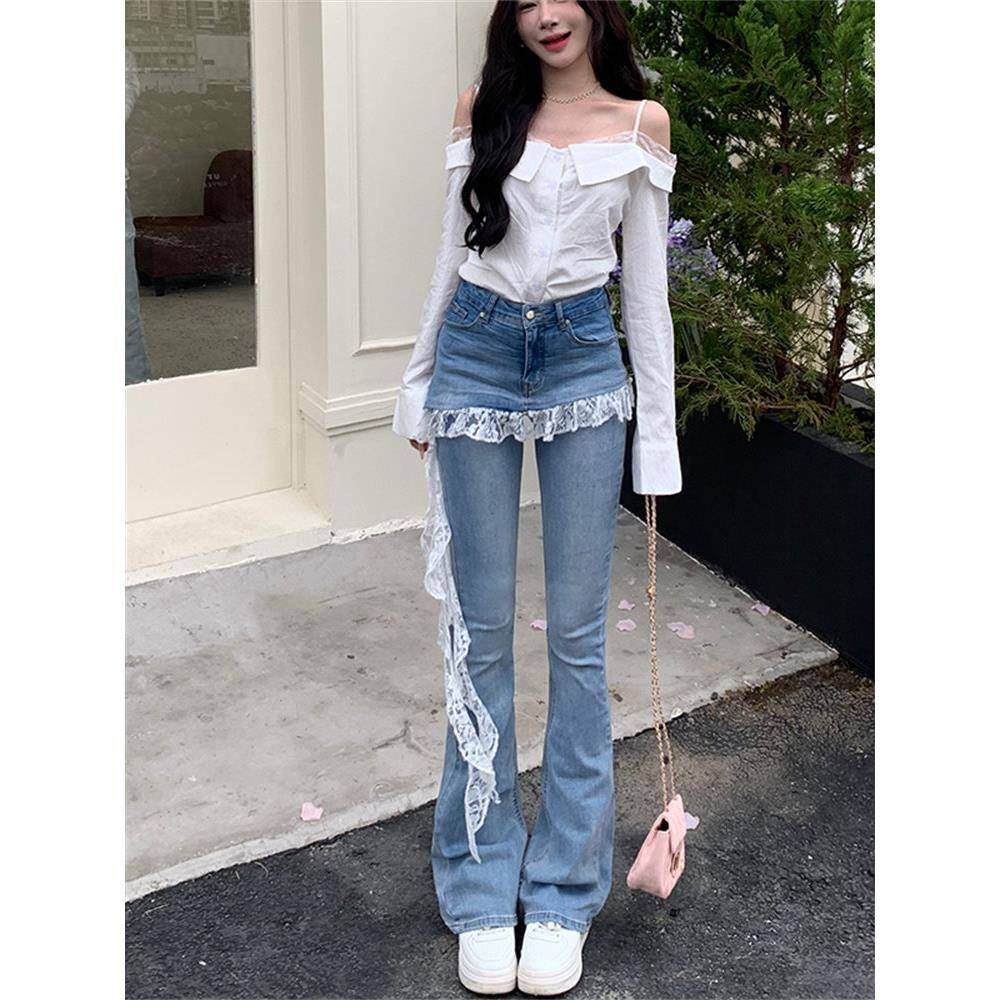 潮牌法式蕾丝花边微喇牛仔裤女2025春秋假两件高腰显瘦拖地裤子