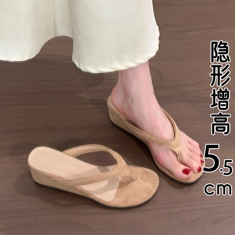 香港真皮法式厚底坡跟夹脚人字拖夏外穿女2026新款配裙子沙滩凉鞋
