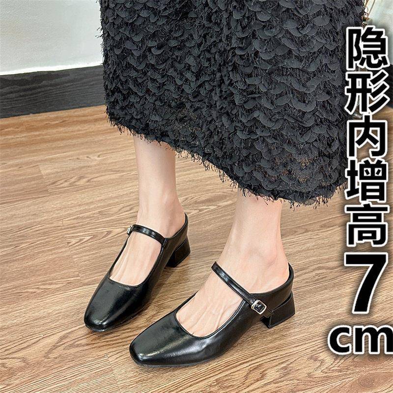 香港真皮厚底坡跟包头半拖鞋女夏外穿2026新款法式内增高凉拖鞋子