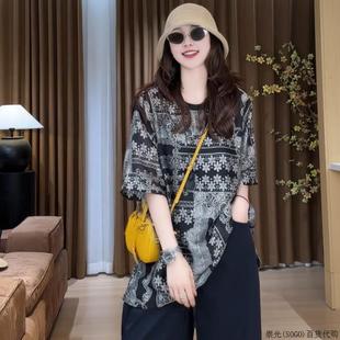 胖MM休闲百搭上衣 欧洲站时尚 波西米亚风短袖 T恤女2025年夏季 大码