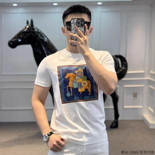 欧洲站潮牌短袖 男圆领半袖 修身 简约战马烫钻丝光棉T恤上衣打底衫