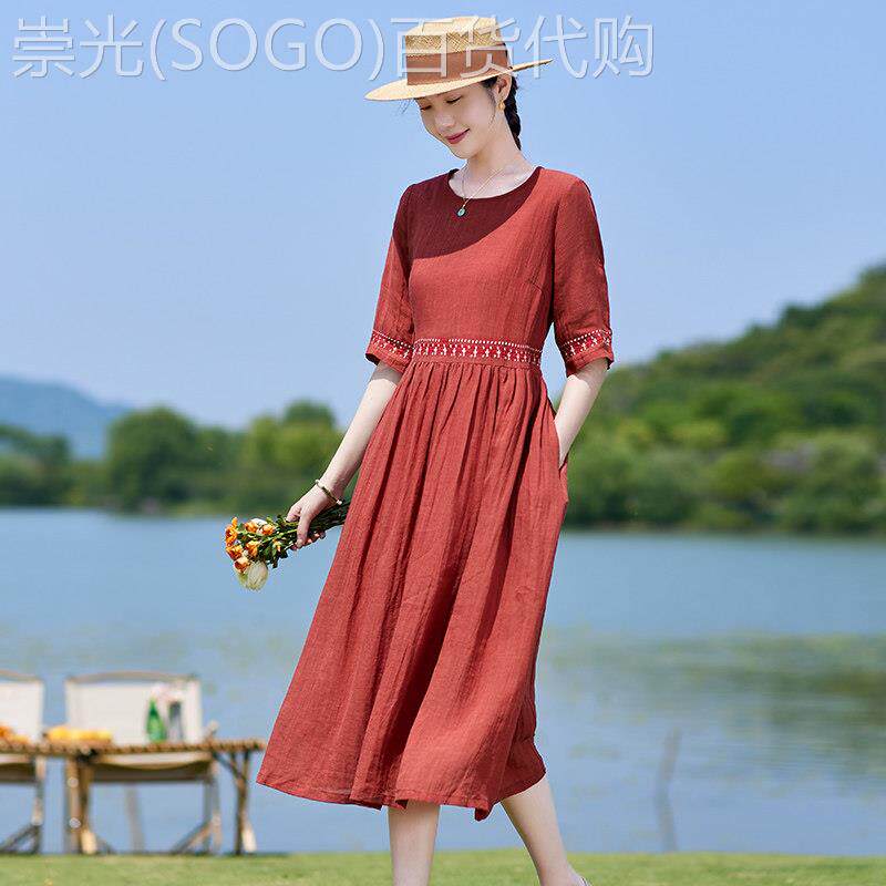 高端纯苎麻红色连衣裙2026年新款女夏季薄款气质洋气减龄棉麻裙子