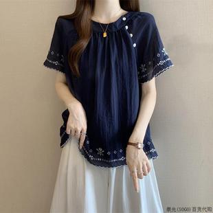 大尺码 高级感雪纺正肩短袖 新款 衬衫 胖mm遮肚宽松显瘦上 女2025夏季