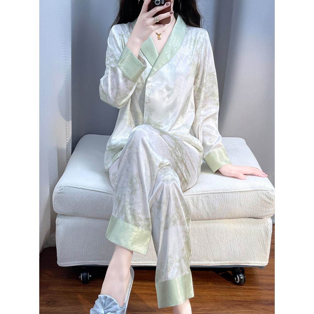 潮牌高级感长袖睡衣女2025春秋季V领薄款桑蚕丝真丝绸家居服套装
