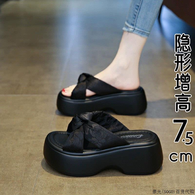 香港真皮厚底凉拖鞋女配裙子松糕增高软底沙滩鞋夏季外穿2025新款