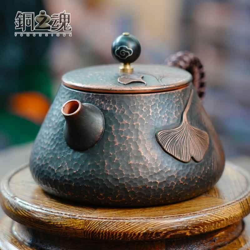 铜之魂银杏泡茶壶侧把镶嵌复古两个款可选纯铜小酒壶茶道手工铜壶