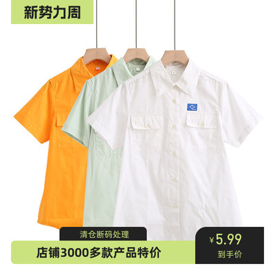 工装日系潮流情侣女士短袖衬衣夏季薄款舒适衬衫韩版学生上衣