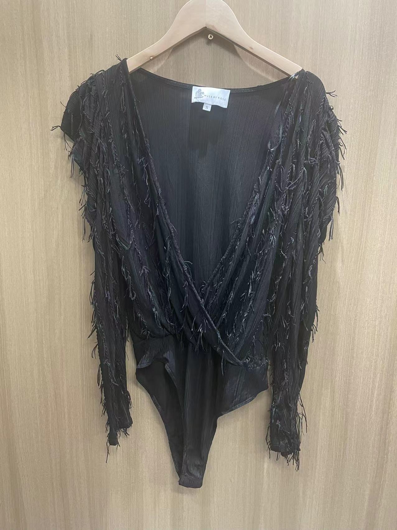 2024欧美秋季性感连体衣 深V领流苏时尚百搭女士上衣