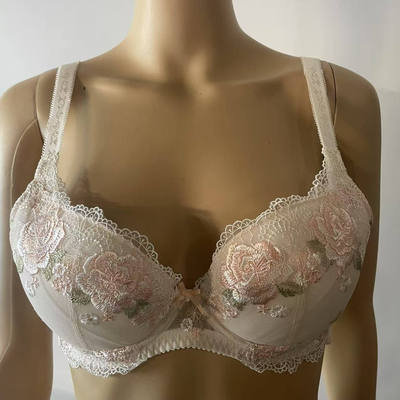 大码刺绣内衣女聚拢收副乳防下垂钢圈上托大胸显小文胸罩胖mm薄款