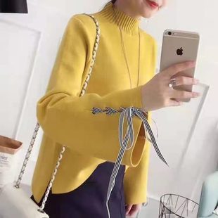 女装春秋款毛衣打底衫时尚百搭宽松舒适喇叭袖前短后长不规则毛衣