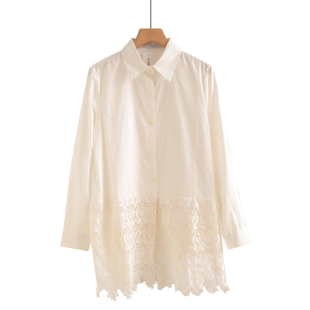 纯棉长袖 女宽松中长款 蕾丝拼接镂空休闲上衣 衬衫 2025春秋新款