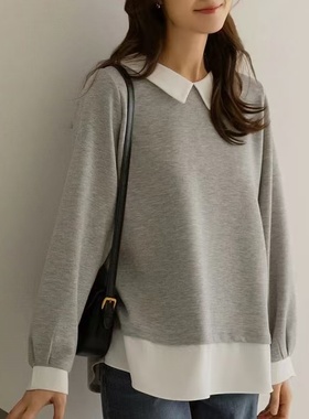 春秋新款女装 简约气质配色翻领宽松大码假两件衬衫松弛感穿搭