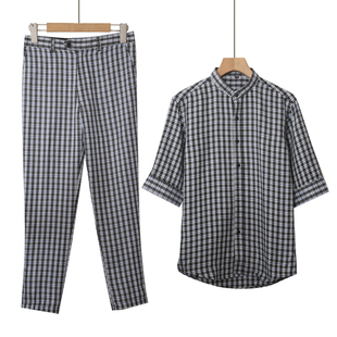 春秋情侣套装 夏季 韩版 修身 格子衬衫 夏天松紧腰长裤 男女五分短袖
